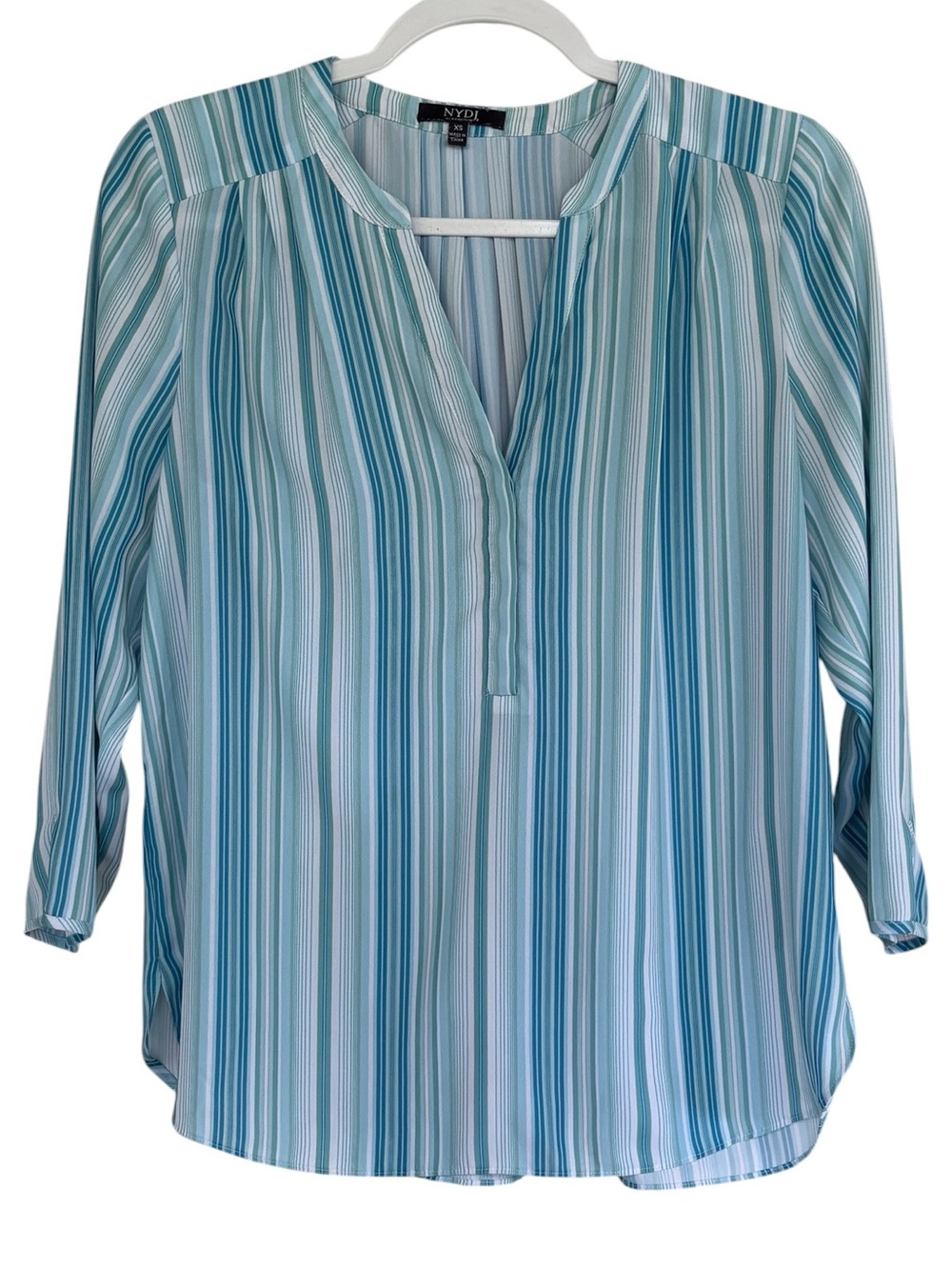 NYDJ Blue & White Striped Split-Neck Pleated Shirt Size XS